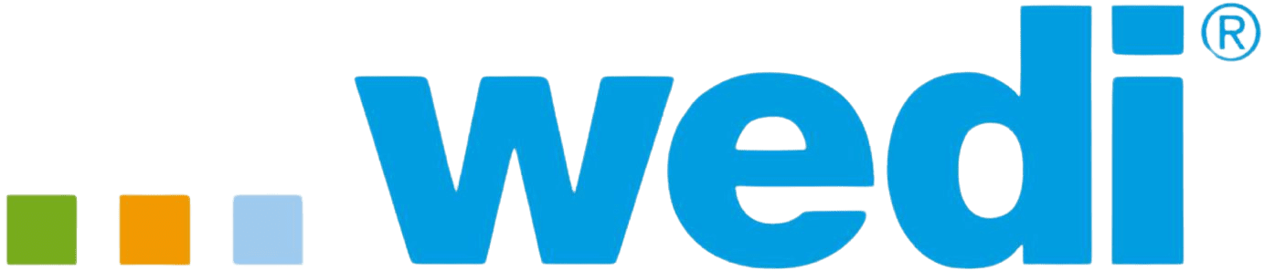 Wedi logo with three colored squares in green, orange, and blue on the left, followed by the blue text "wedi" with a registered trademark symbol.