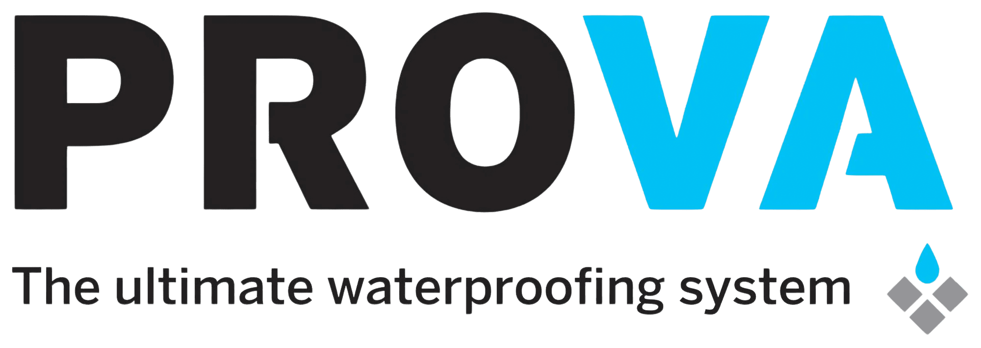 Logo with the text "PROVA" in black and blue. Below, it reads "The ultimate waterproofing system" with a small diamond-shaped icon.