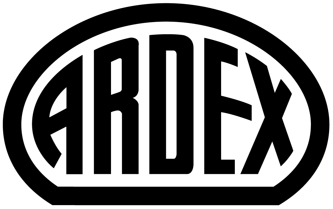 Black and white ARDEX logo with bold, stylized letters inside an oval shape.